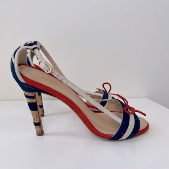 CHANEL Multicolor Suede CC Bow Cork Heel Ankle Strap Sandals Size 39 - Picture 2 of 9
